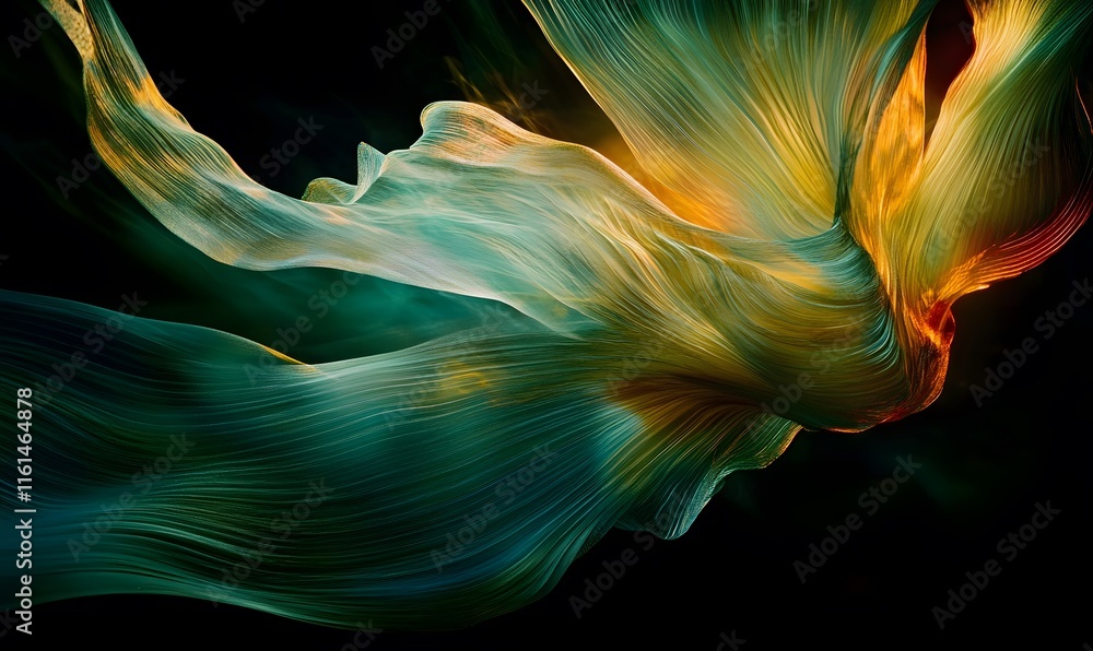 Obraz premium Abstract swirling colorful silk fabric flowing in dark background.