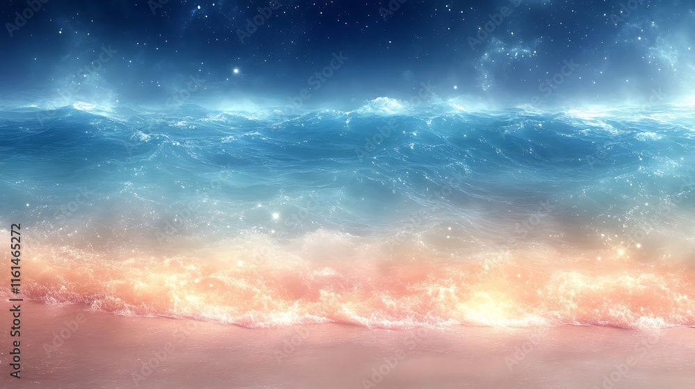 Beautiful ocean waves crash gently on a serene beach at dusk with a starry sky overhead Beautiful ocean waves crash gently on a serene beach at dusk with a starry sky overhead