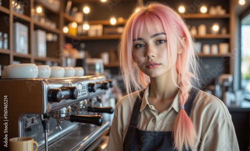 Young Asian woman with pink hair in café