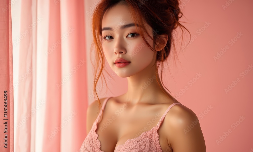 Elegant Asian woman in soft pink setting Elegant Asian woman in soft pink setting