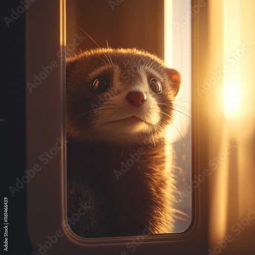 Ferret dooking in excitement indoor play area animal warm light close-up playful behavior photo