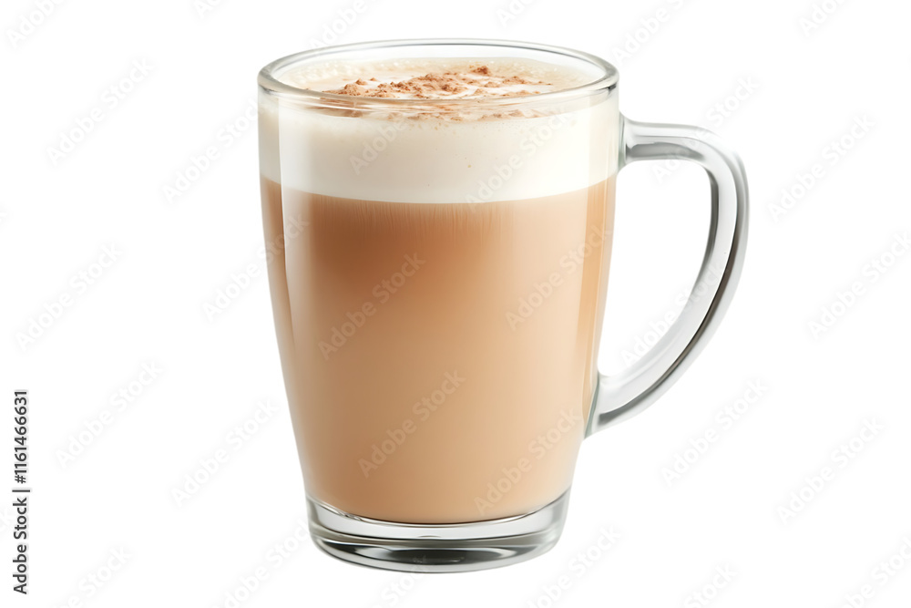 A glass mug filled with creamy coffee topped with froth and cocoa powder. A glass mug filled with creamy coffee topped with froth and cocoa powder.