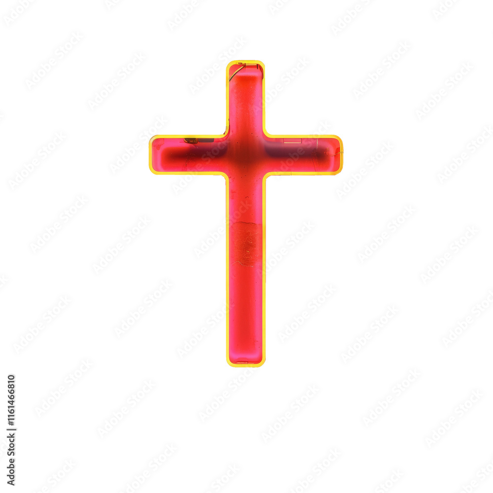 A striking display of glowing neon crosses and crucifixes resembling the letter T, illuminating
