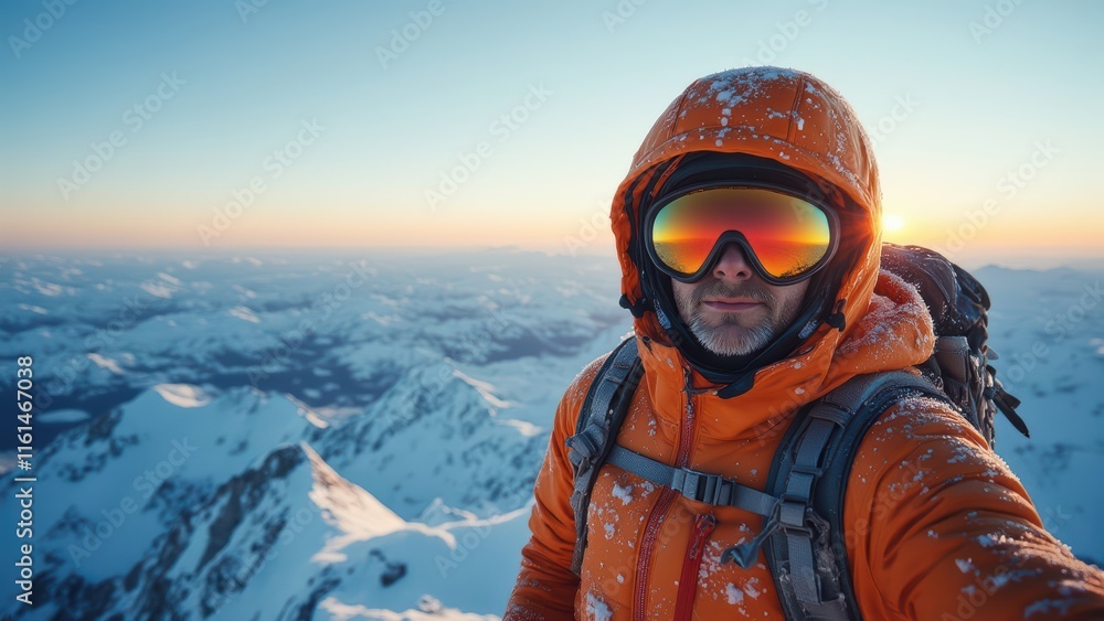 Man in orange jacket atop snowy peak Man in orange jacket atop snowy peak