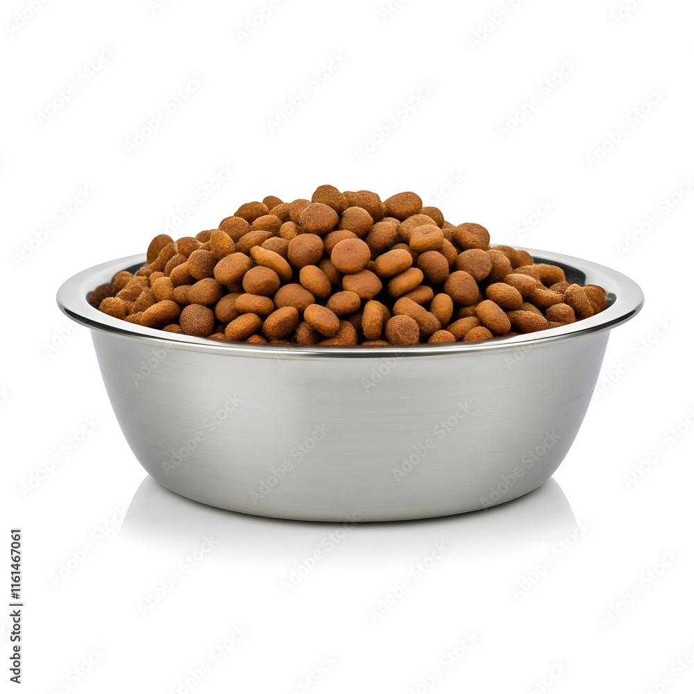 Dry pet food in stainless steel bowl, isolated on white background Dry pet food in stainless steel bowl, isolated on white background