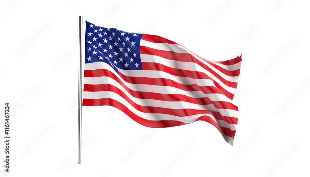 Fototapeta premium The USA flag isolated on a white background, showcasing its vibrant red, white, and blue colors