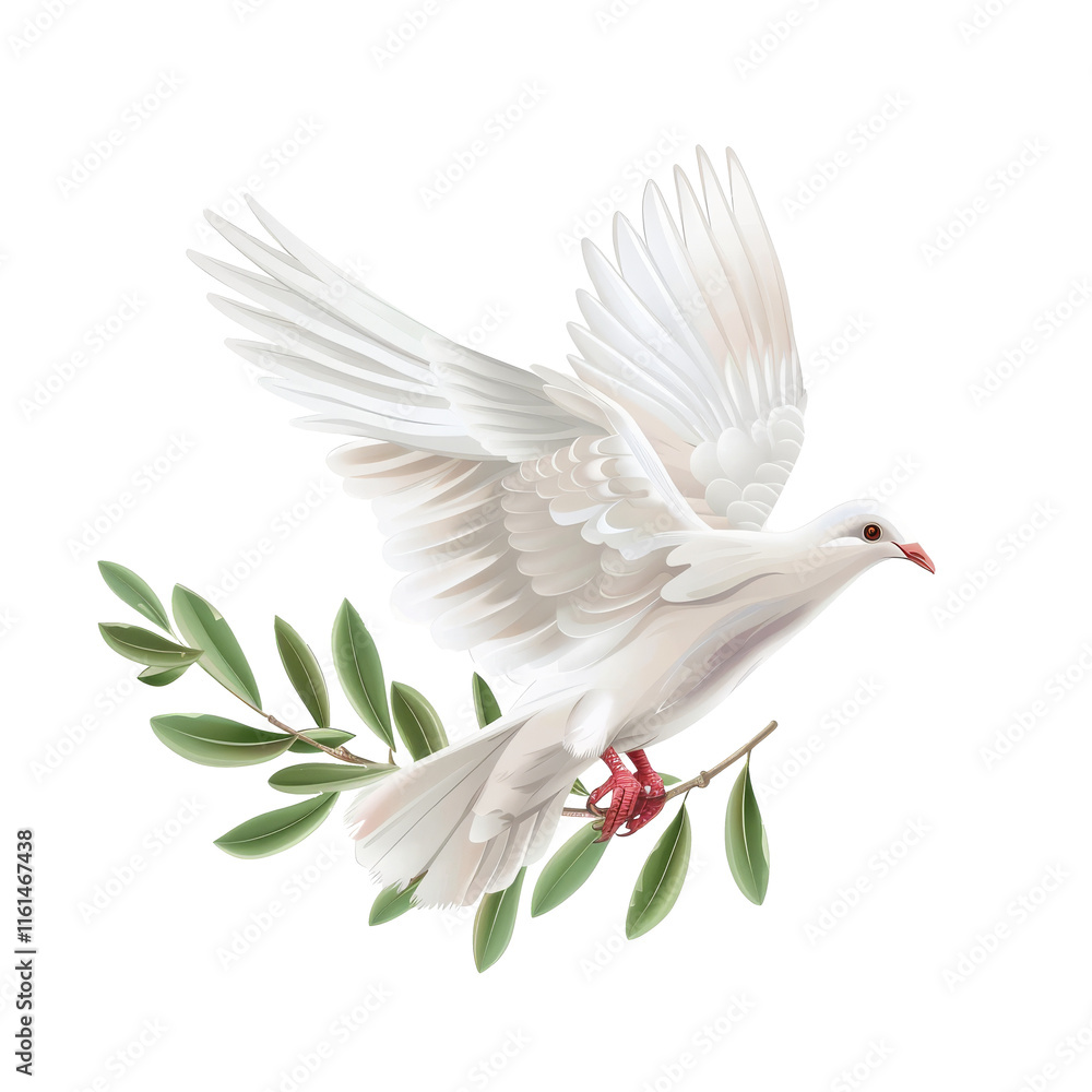 Obraz premium A white dove peace flying with a green olive twig, isolated a white background, symbolizing harmony
