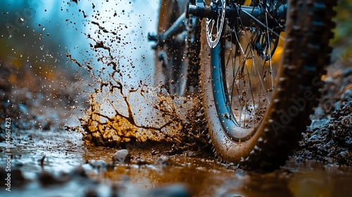 Mountain Bike Wheel Splashing Through Mud Puddle