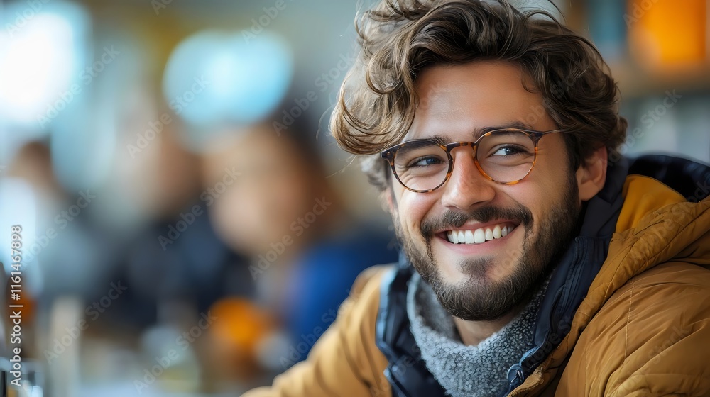 Obraz premium A man with glasses and a beard is smiling and looking at the camera