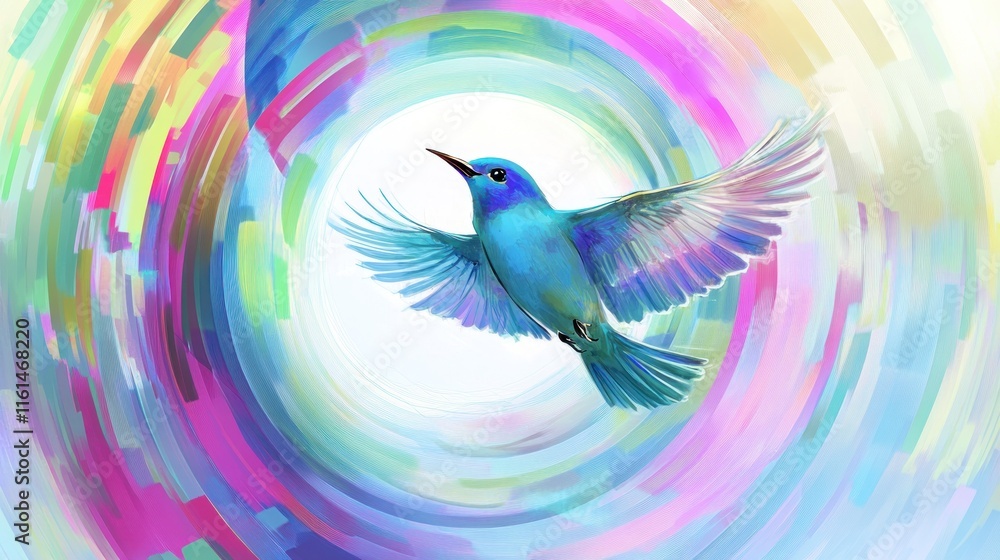 Obraz premium Vibrant blue bird in flight, surrounded by colorful swirling abstract background.