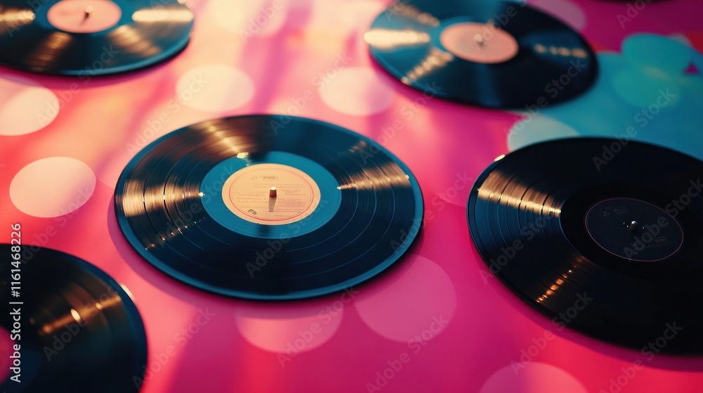 Close-up view of multiple vinyl records on a pink polka dot surface, illuminated by sunlight. Close-up view of multiple vinyl records on a pink polka dot surface, illuminated by sunlight.