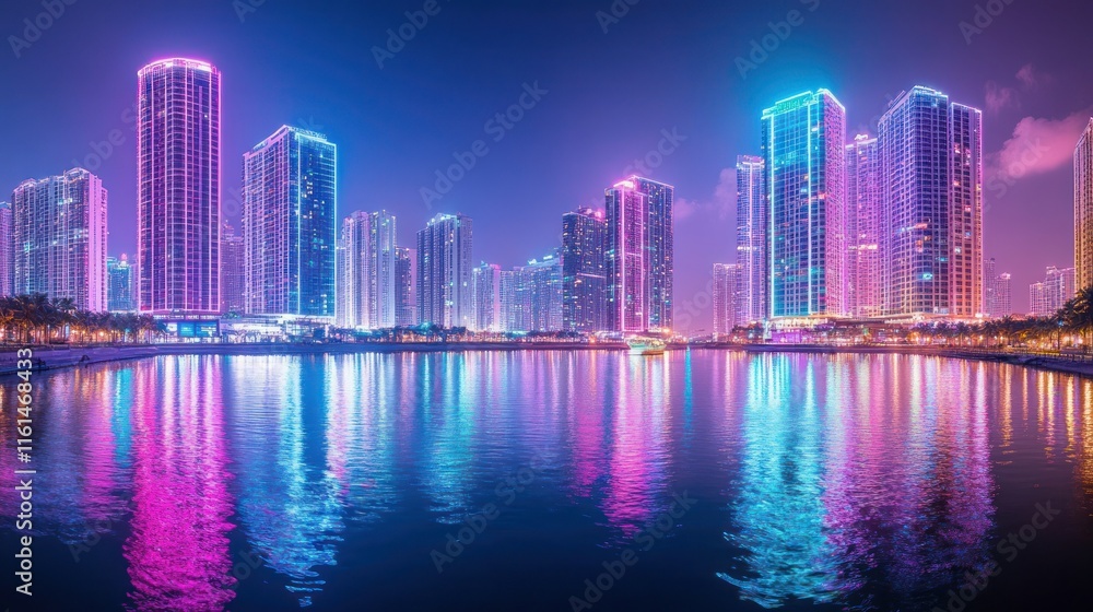 Obraz premium Vibrant cityscape at night, reflecting in calm water.