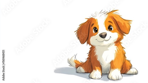 Adorable orange and white puppy sitting, smiling.