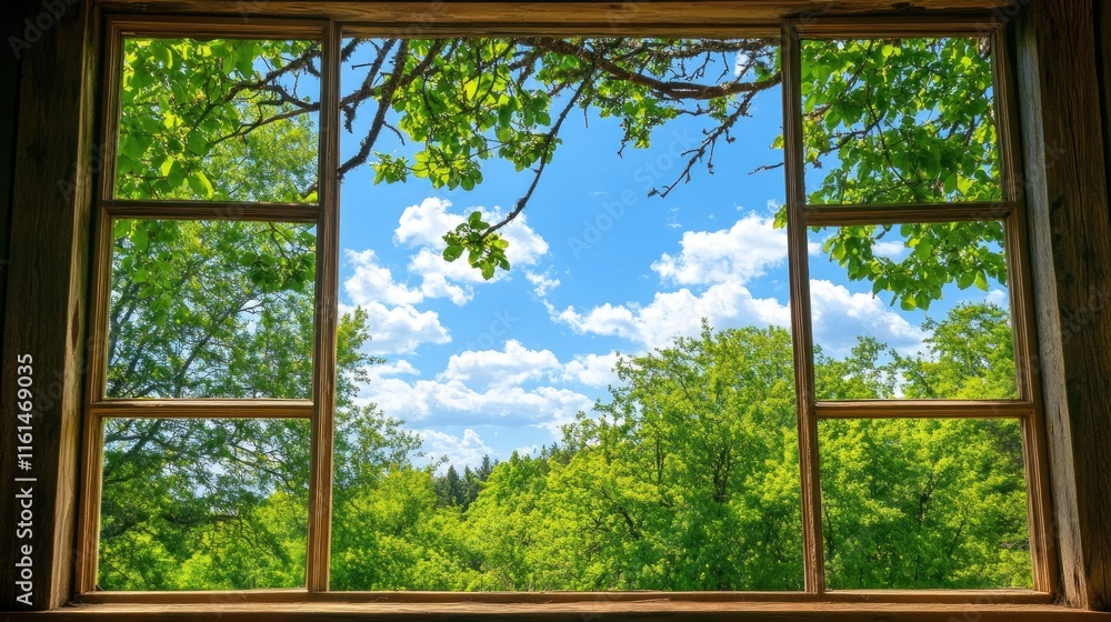 Lush green forest view from rustic wooden window. Lush green forest view from rustic wooden window.