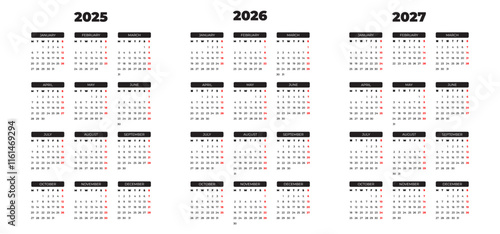 Calendars for 2025 2026 and 2027 Year
