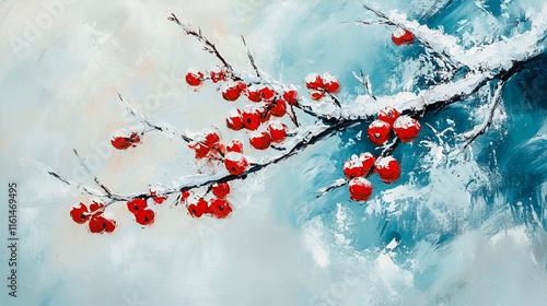 Artistic painting of a snow-covered branch with red berries