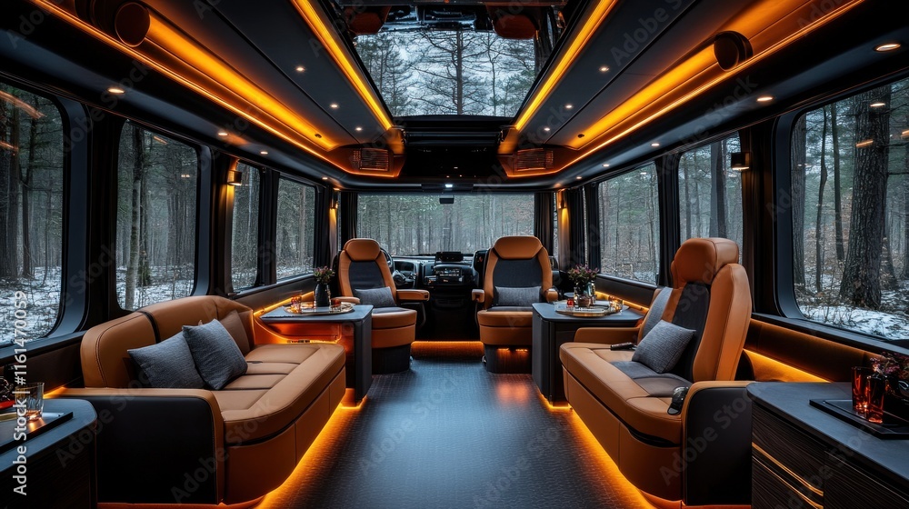 Fototapeta premium Luxurious interior of a modern vehicle with ambient lighting and comfortable seating.