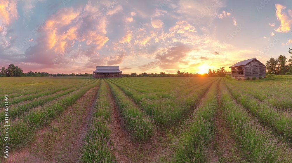 Fototapeta premium Sunset over lavender field with two barns.