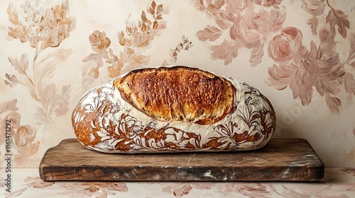 Freshly baked bread on rustic wooden board against floral wallpa photo