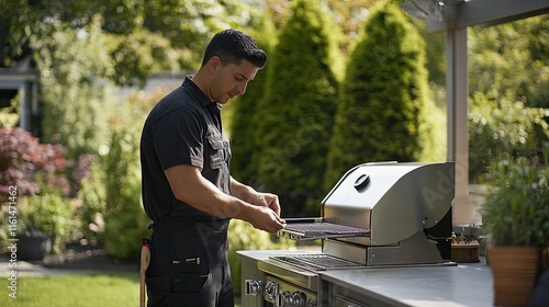 A person grilling outdoors in a lush garden setting.