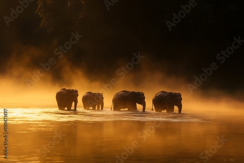 Rare Sumatran elephant family crossing misty river at sunrise photo