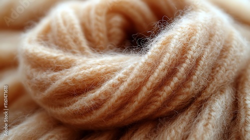 Close-up view of soft beige wool yarn rolled into a spiral ready for crafting projects photo