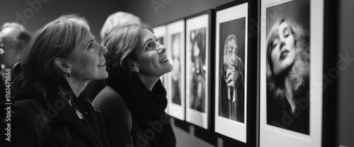 Two women admiring black and white portraits in an art gallery.