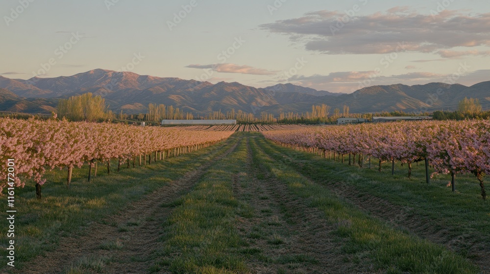Rows of blossoming pink fruit trees in an orchard at sunset, with mountains in the background. Rows of blossoming pink fruit trees in an orchard at sunset, with mountains in the background.