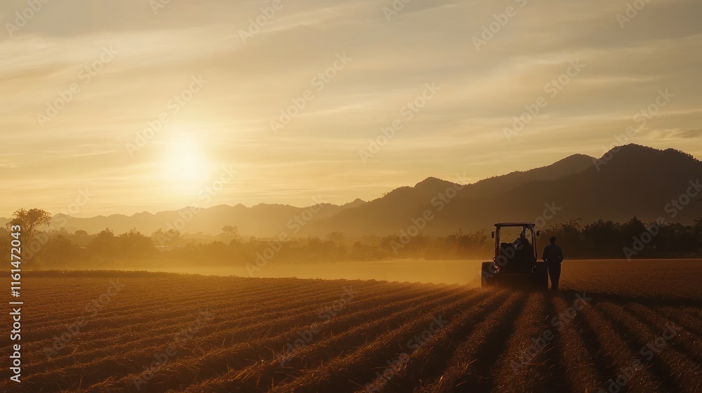 Fototapeta premium Farmers silhouette at sunset working in a field with a tractor.