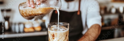 Barista s Hands Pouring Frothed Milk into Iced Coffee, Creating Layered Beverage in Cafe Atmosphere photo