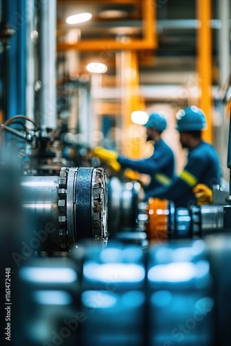 Industrial workers operate machinery in vibrant factory setting,