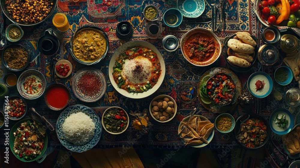 Fototapeta premium Overhead view of a lavish spread of diverse dishes, including curries, rice, breads, and various side dishes, arranged on an ornate rug.