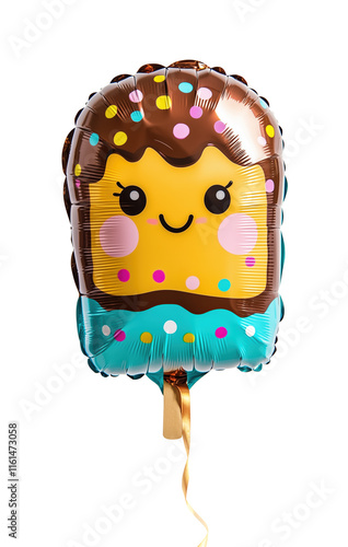 Colorful, cartoonish ice cream stick balloon with a smiling face and sprinkles. The ice cream stick is made of foil and is hanging from a ribbon, on transparent background cutout, PNG file.