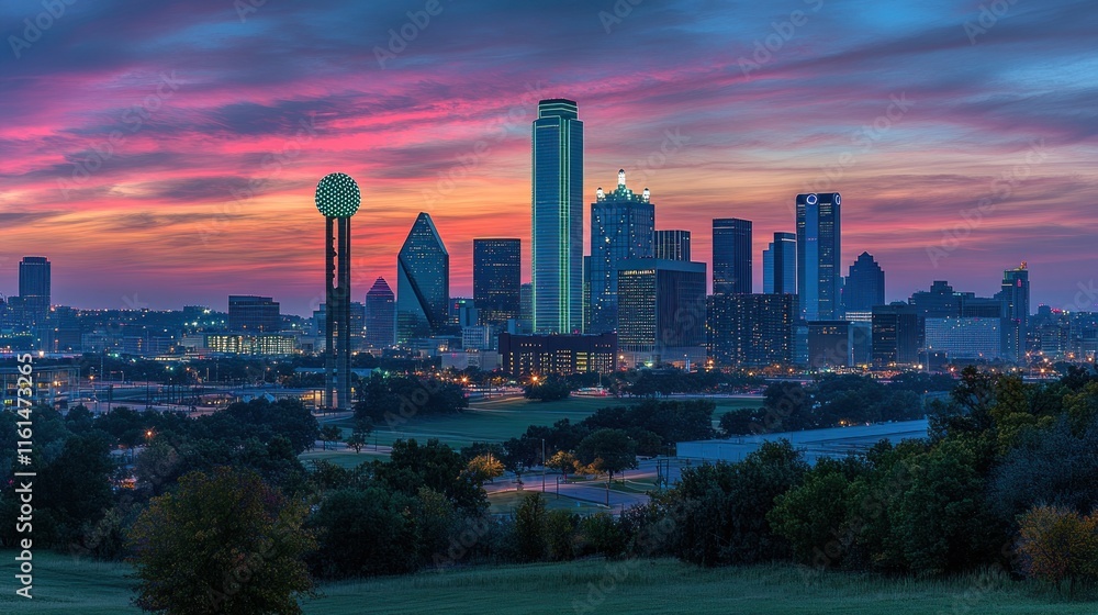 Fototapeta premium Vibrant sunrise cityscape panorama, showcasing skyscrapers, a iconic ball structure, and lush green landscape.