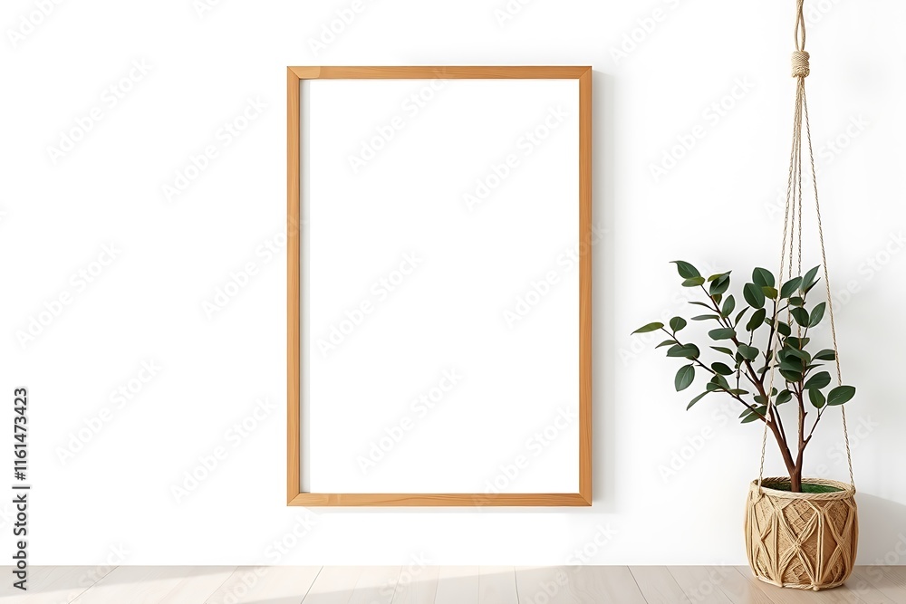 Wooden Frame Mockup: A Simple, Elegant Interior Design. Neutral color palette, showcasing a large, light oak wood frame against a minimalist backdrop, perfectly complemented by a potted plant. Wooden Frame Mockup: A Simple, Elegant Interior Design. Neutral color palette, showcasing a large, light oak wood frame against a minimalist backdrop, perfectly complemented by a potted plant.