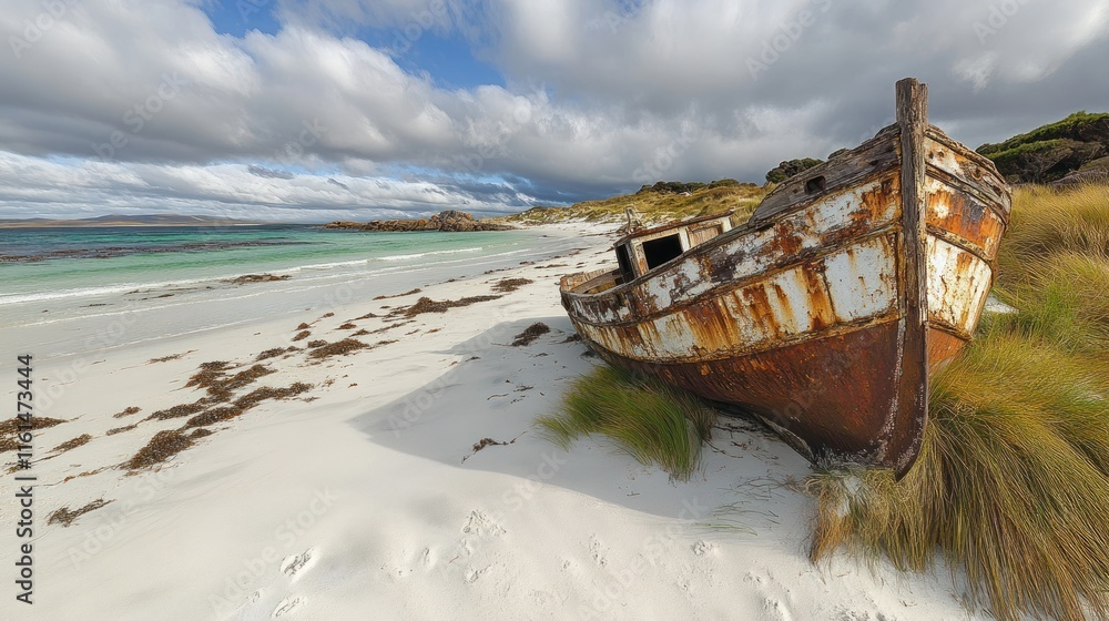 Naklejka premium Rusty shipwreck on a pristine white sand beach under a dramatic sky.