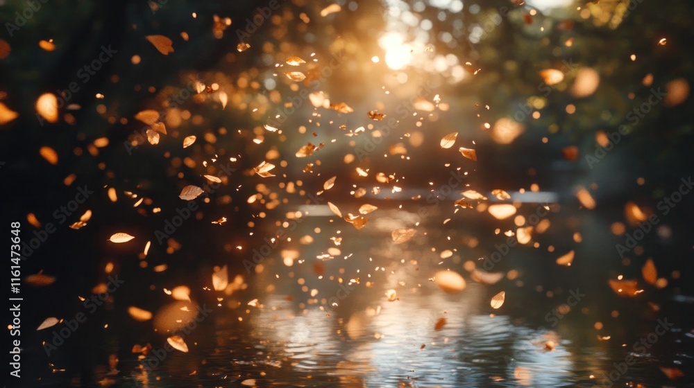 Obraz premium Golden autumn leaves falling on a calm lake at sunset.