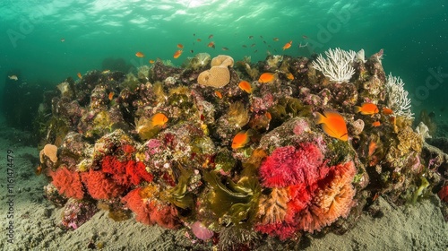 Vibrant coral reef teeming with diverse marine life, showcasing various coral species and colorful fish. photo