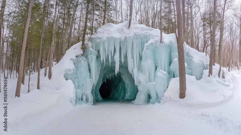 Enormous icy cave entrance in snowy winter forest. Enormous icy cave entrance in snowy winter forest.