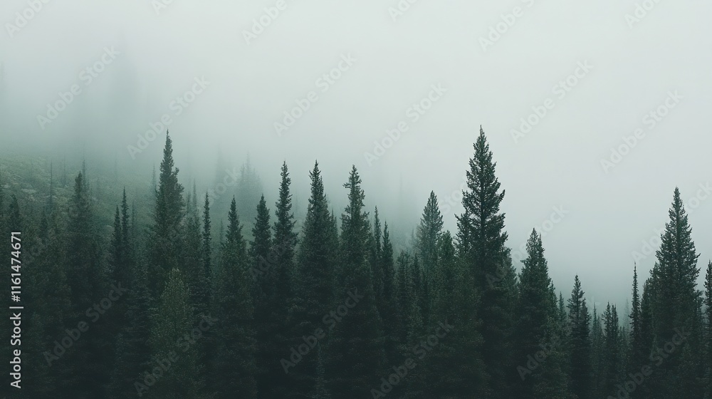 Misty forest landscape with tall evergreen trees on a foggy day. Misty forest landscape with tall evergreen trees on a foggy day.
