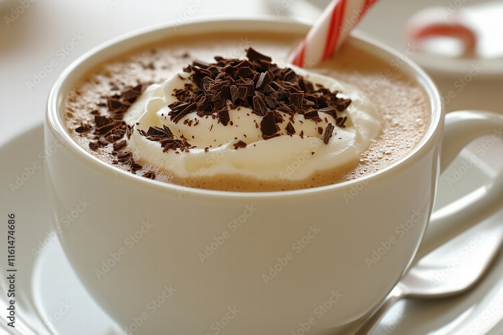 Close-up of hot chocolate topped with whipped cream and chocolate shavings in a white mug. Holiday beverage and cozy winter vibes Close-up of hot chocolate topped with whipped cream and chocolate shavings in a white mug. Holiday beverage and cozy winter vibes