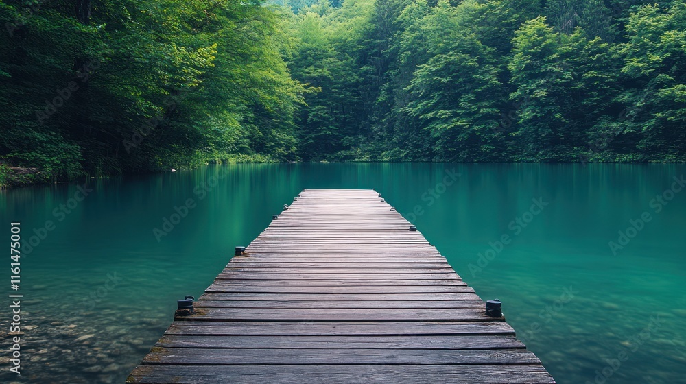 Fototapeta premium Serene wooden dock extending into a tranquil, teal lake surrounded by lush green forest.