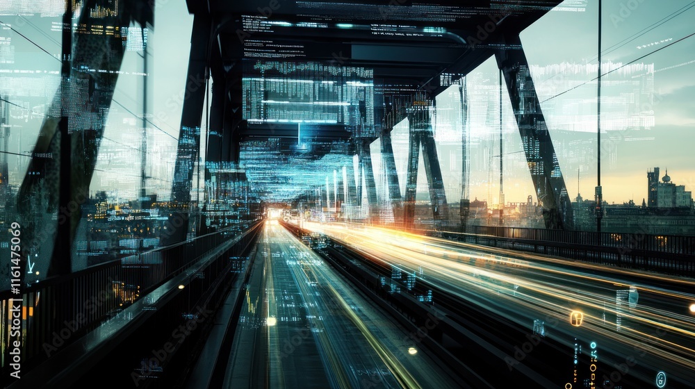 Fototapeta premium City bridge at night with digital data overlay and light trails.