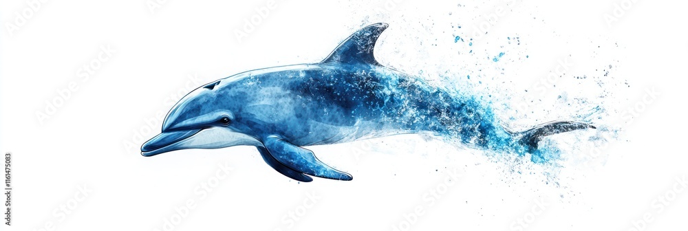 Fototapeta premium Abstract watercolor dolphin leaping from water, isolated on white background.