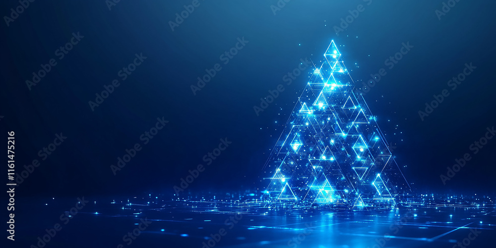 A geometric Christmas tree made of glowing triangles and abstract shapes, set against a futuristic gradient blue background. Features ample copy space for modern holiday designs or greetings.
A geometric Christmas tree made of glowing triangles and abstract shapes, set against a futuristic gradient blue background. Features ample copy space for modern holiday designs or greetings.