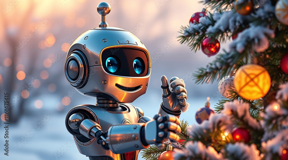 Festive Robot Decorating a Christmas Tree in a Vibrant Winter Wonderland Festive Robot Decorating a Christmas Tree in a Vibrant Winter Wonderland