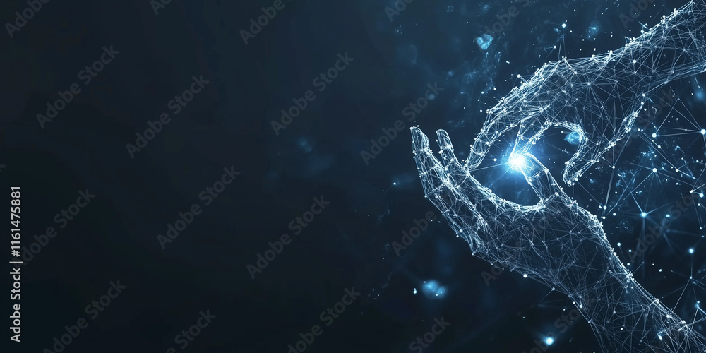 Fototapeta premium Futuristic Hands of Robot and Human Touching on Big Data Network Connection Background with Advanced Machine Learning and Artificial Intelligence Technology