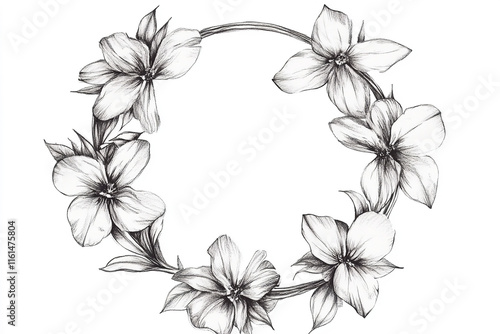 The image is a black-and-white drawing of a floral wreath with seven flowers arranged in a circle, each with detailed petals and stems photo