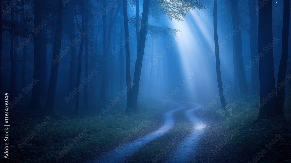 Obraz premium Mystical blue forest path at night, fog, moonlight.