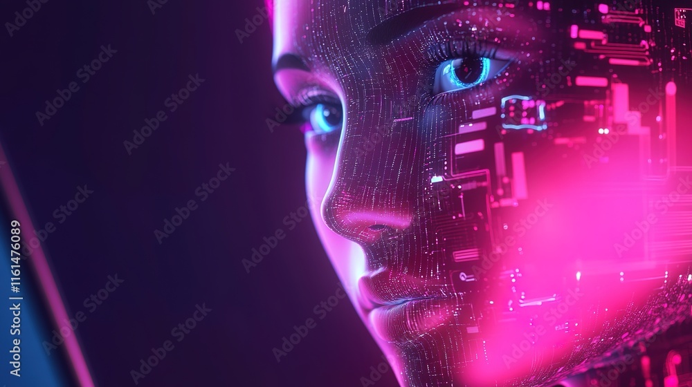 Futuristic female face blends technology and humanity with vibra Futuristic female face blends technology and humanity with vibra